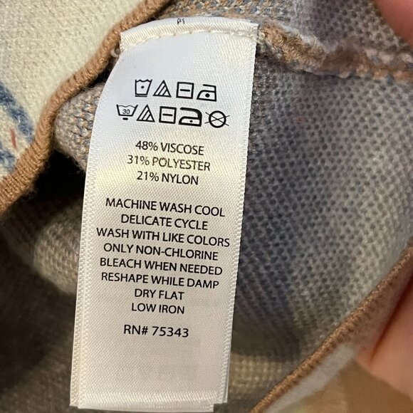 Rachel Zoe Plaid Funnel Neck Sweater Brown Cream Blue Stretch Fit Cozy‎ Large - Picture 5 of 6